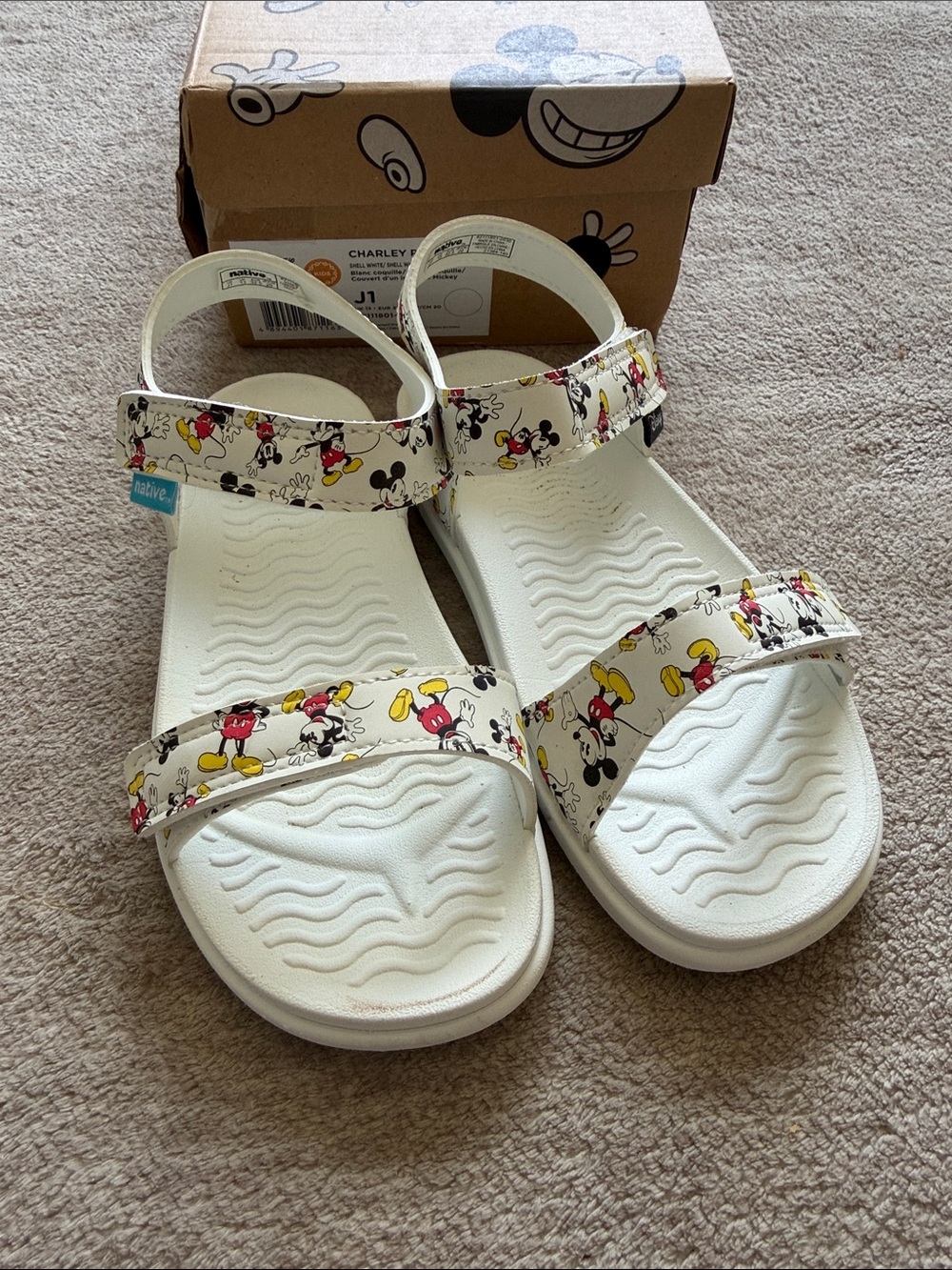 Native Kids White Sandals with Mickey Mouse Print